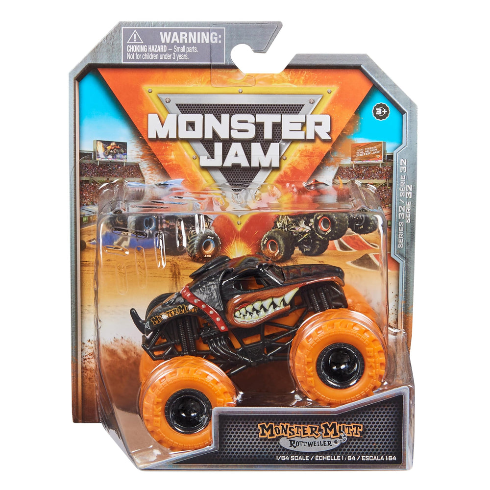 Monster Jam Ruff Crowd Monster Mutt Rottweiler front-view 164-scale die-cast for display.