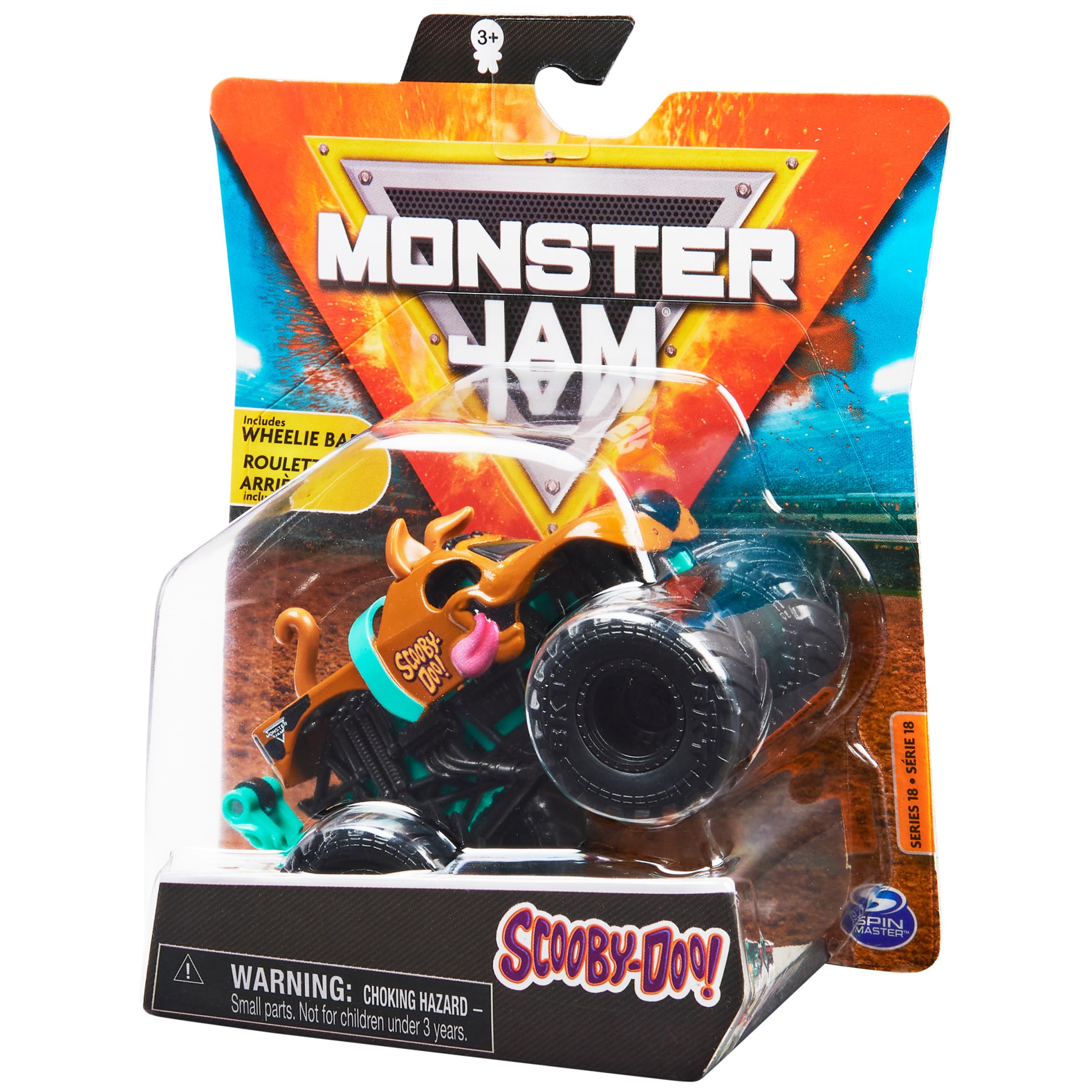 Monster Jam Scooby-Doo 1:64 features BKT tires and authentic chassis details.