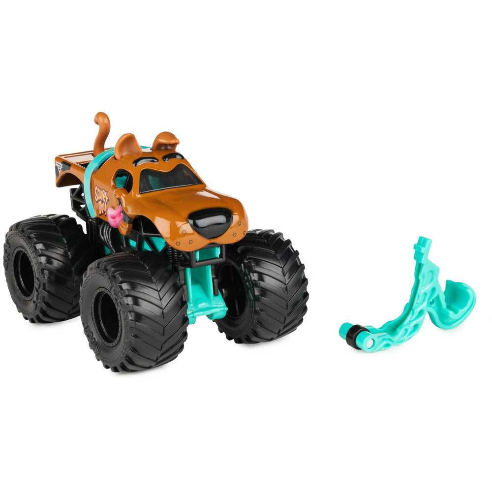 Monster Jam Scooby-Doo truck shows graphics and chrome rims for display.