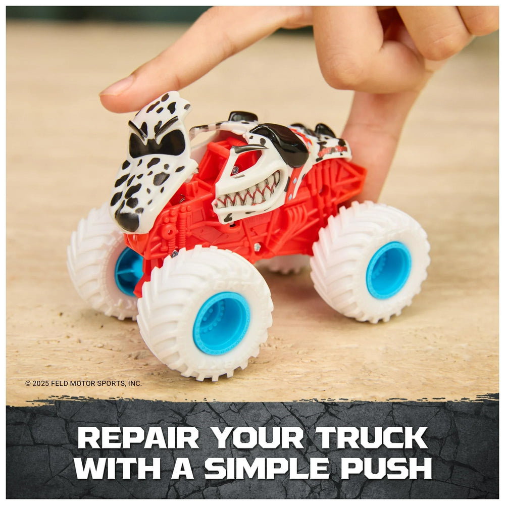 Monster Jam Mutt Dalmatian tires with blue hubs support stable indoor and outdoor rolling.