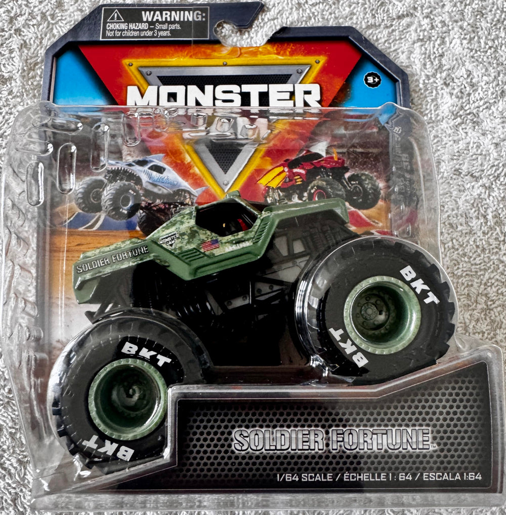 Monster Jam Soldier Fortune 1:64 die-cast truck front view showcases bold military graphics for display.