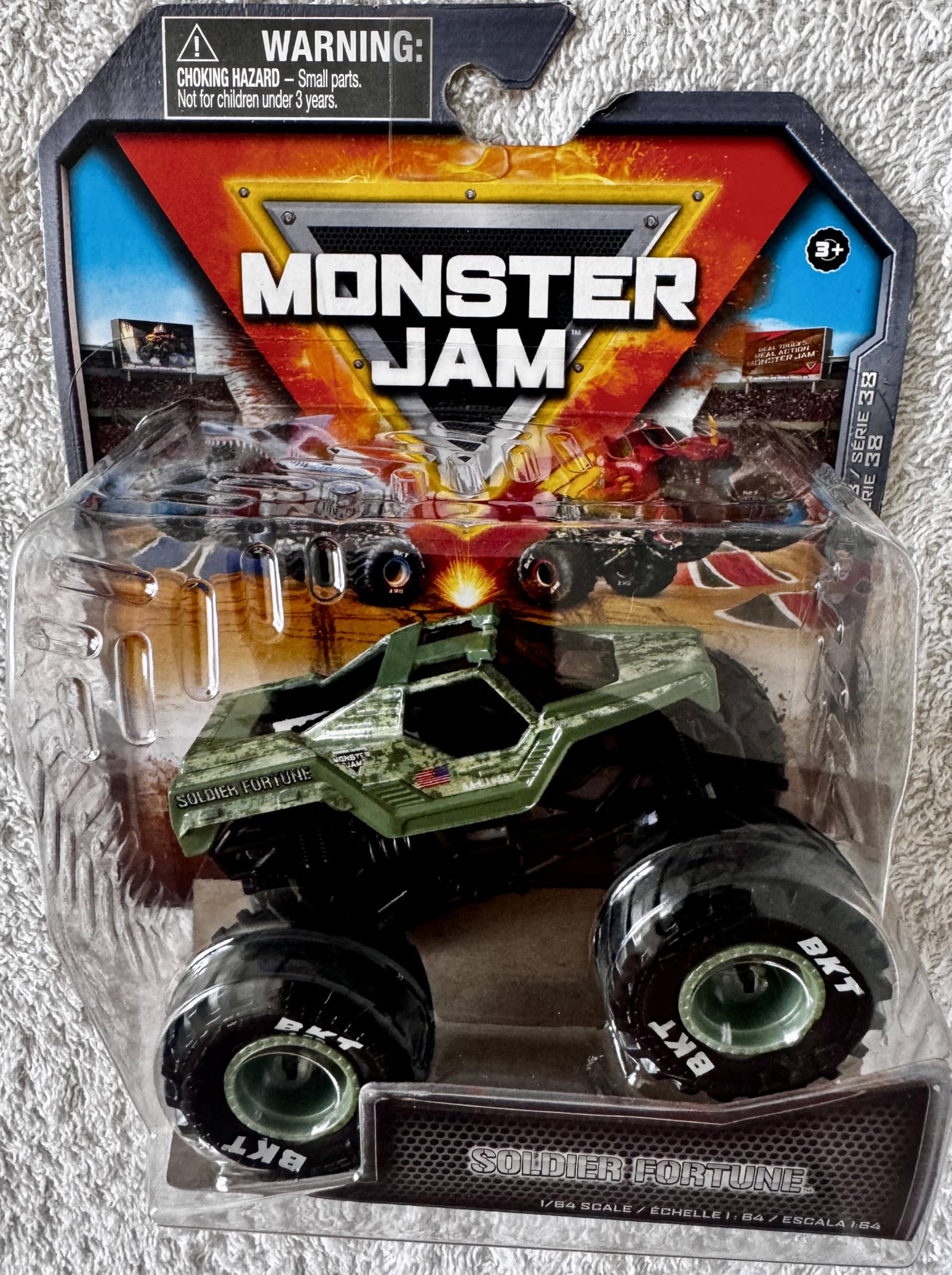 Monster Jam Soldier Fortune truck side view highlights precise paint and authentic logo details.