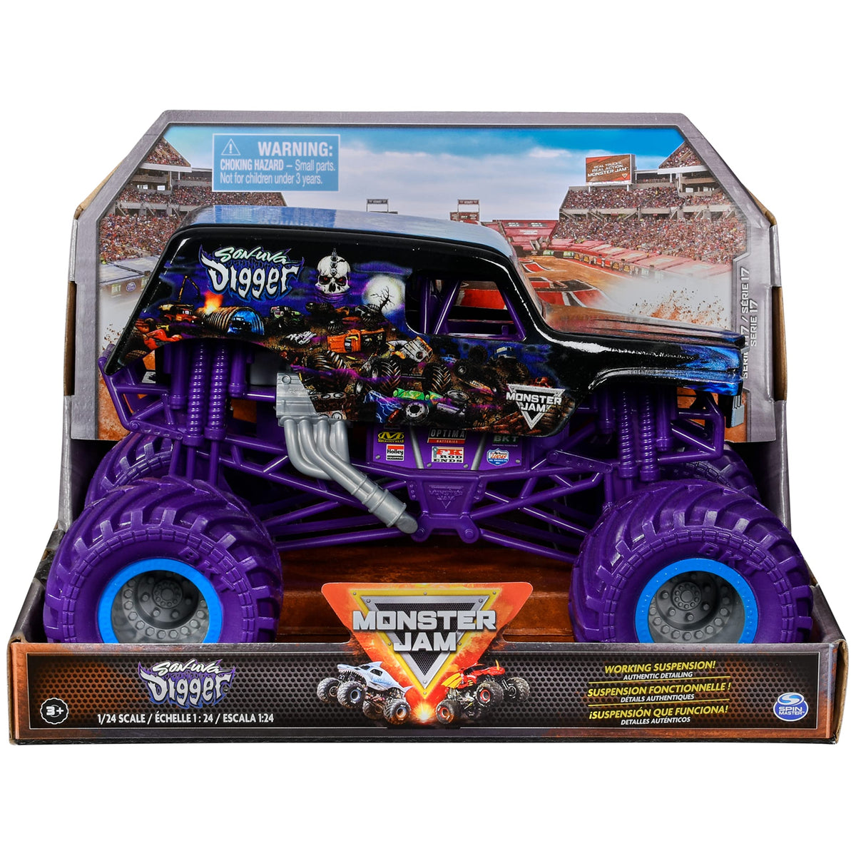 Monster Jam Son-uva Digger 1:24 front view with authentic decals for display and action play.