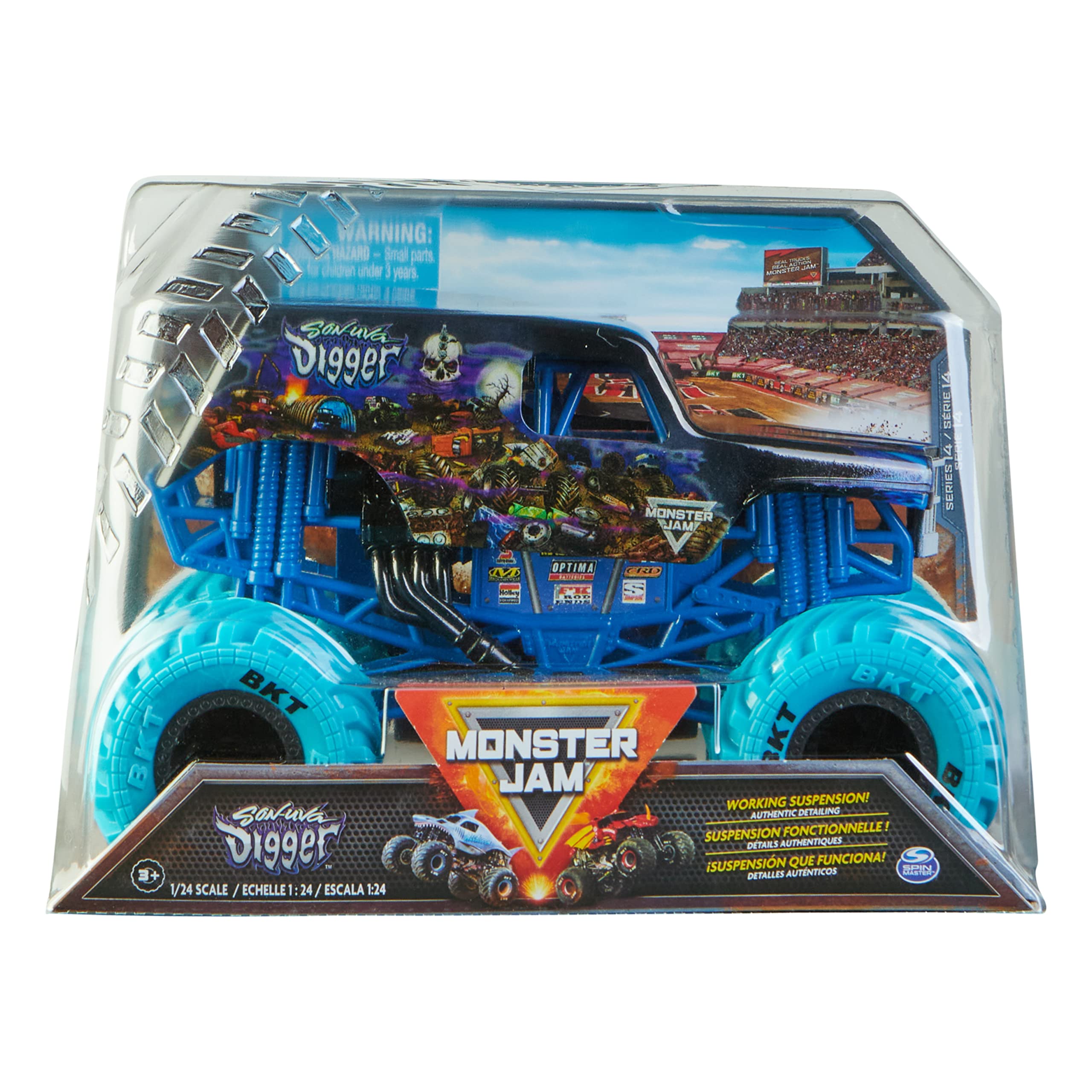 Monster Jam Son-uva Digger 1:24 truck with rugged BKT tires for enhanced traction.