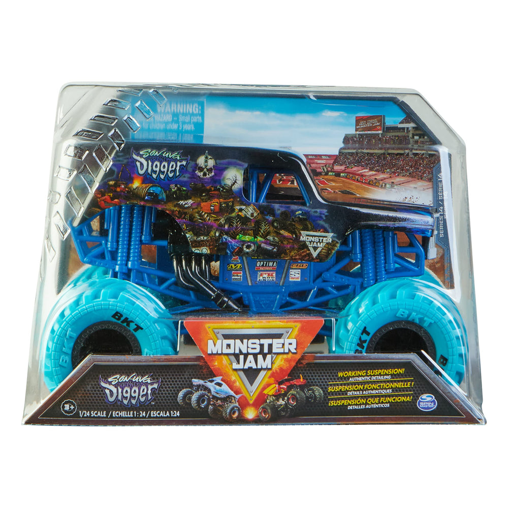 Monster Jam Son-uva Digger 1:24 truck with rugged BKT tires for enhanced traction.