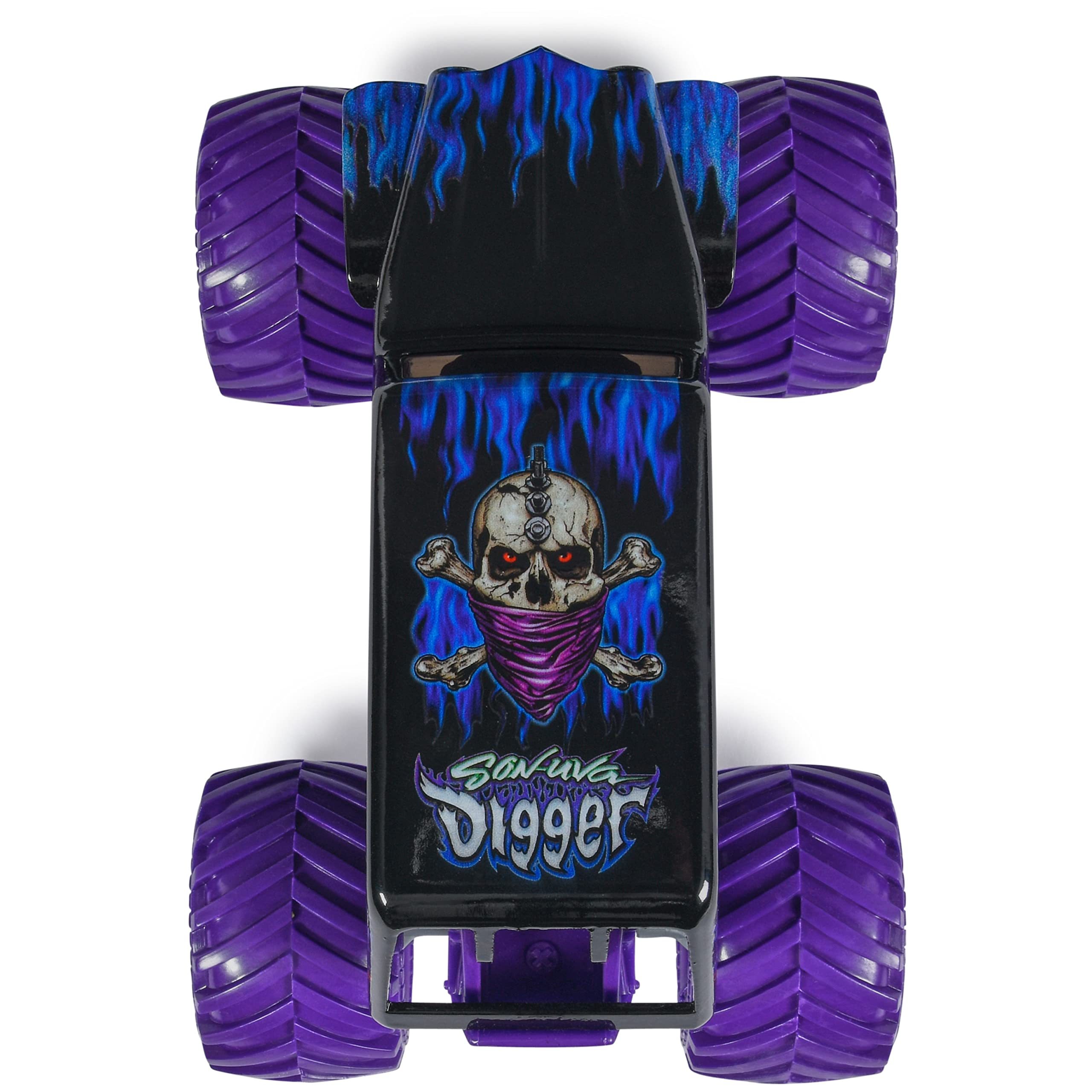 Monster Jam Son-uva Digger 1:24 suspension detail highlighting impact absorption.