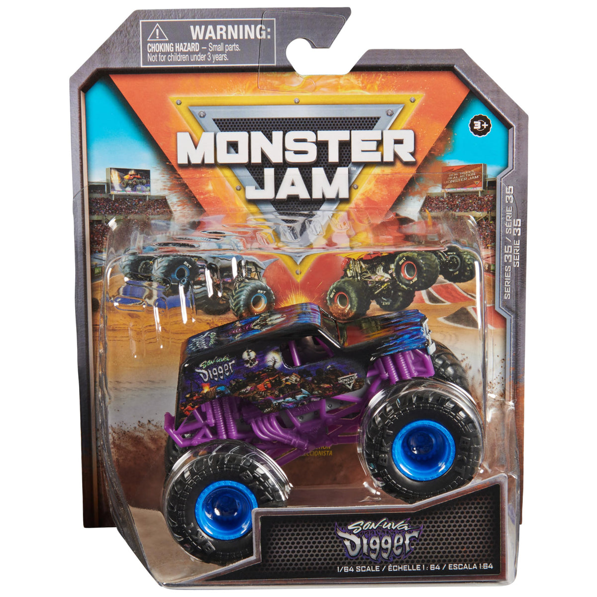 Monster Jam Son Uva Digger 1:64 scale die-cast truck with vibrant graphics for imaginative play.