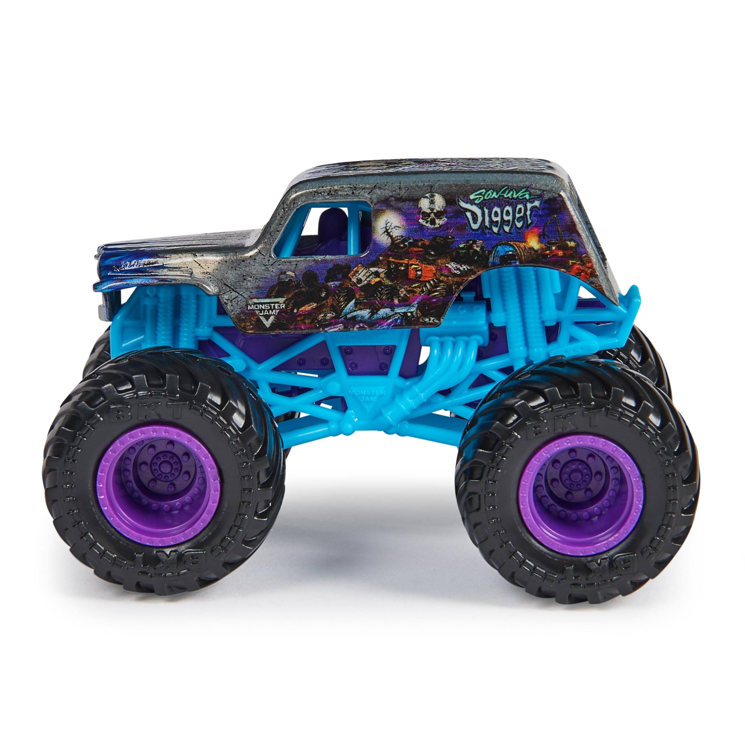 Monster Jam Son-uva Digger BKT tires close-up reveals authentic tire texture.
