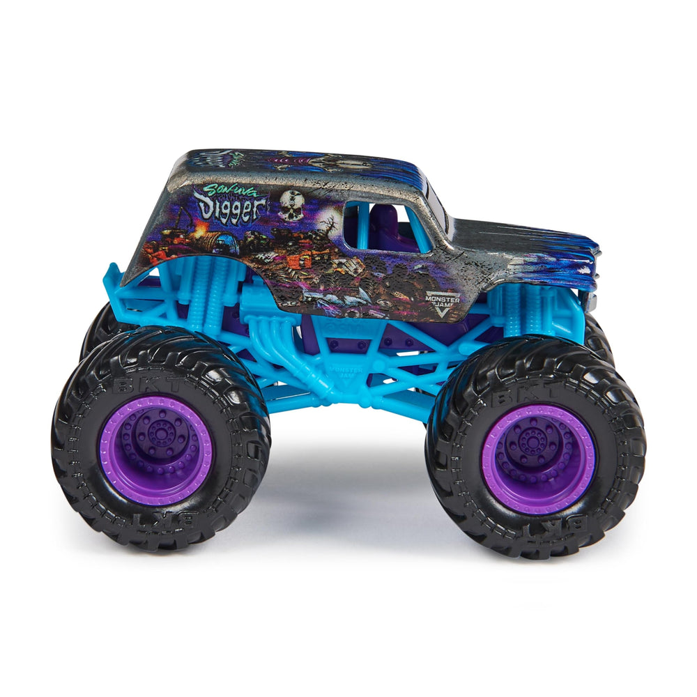 Monster Jam Son-uva Digger side view highlights scale and detail for serious fans.