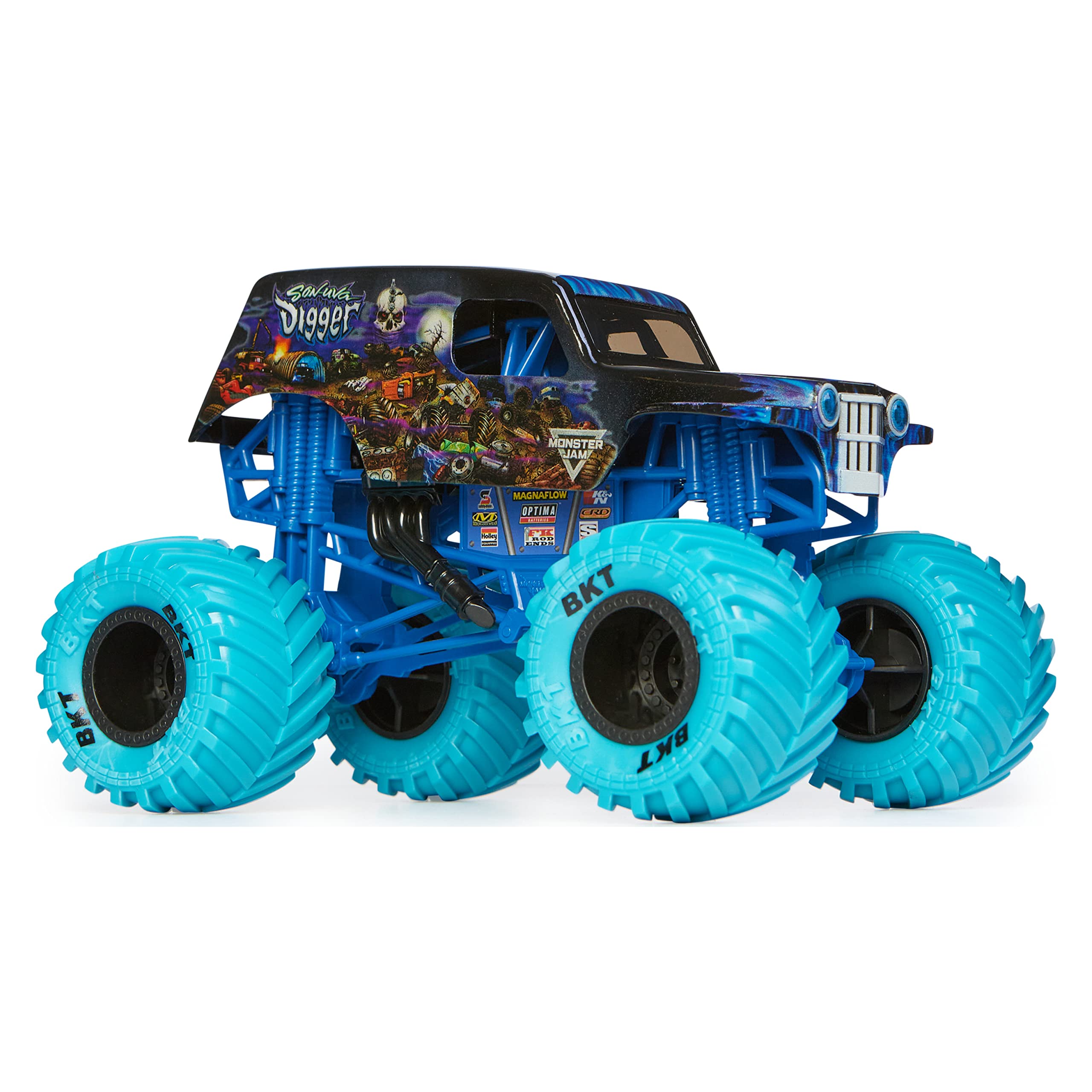 Working suspension in action for absorbing impacts during pretend Monster Jam jumps.