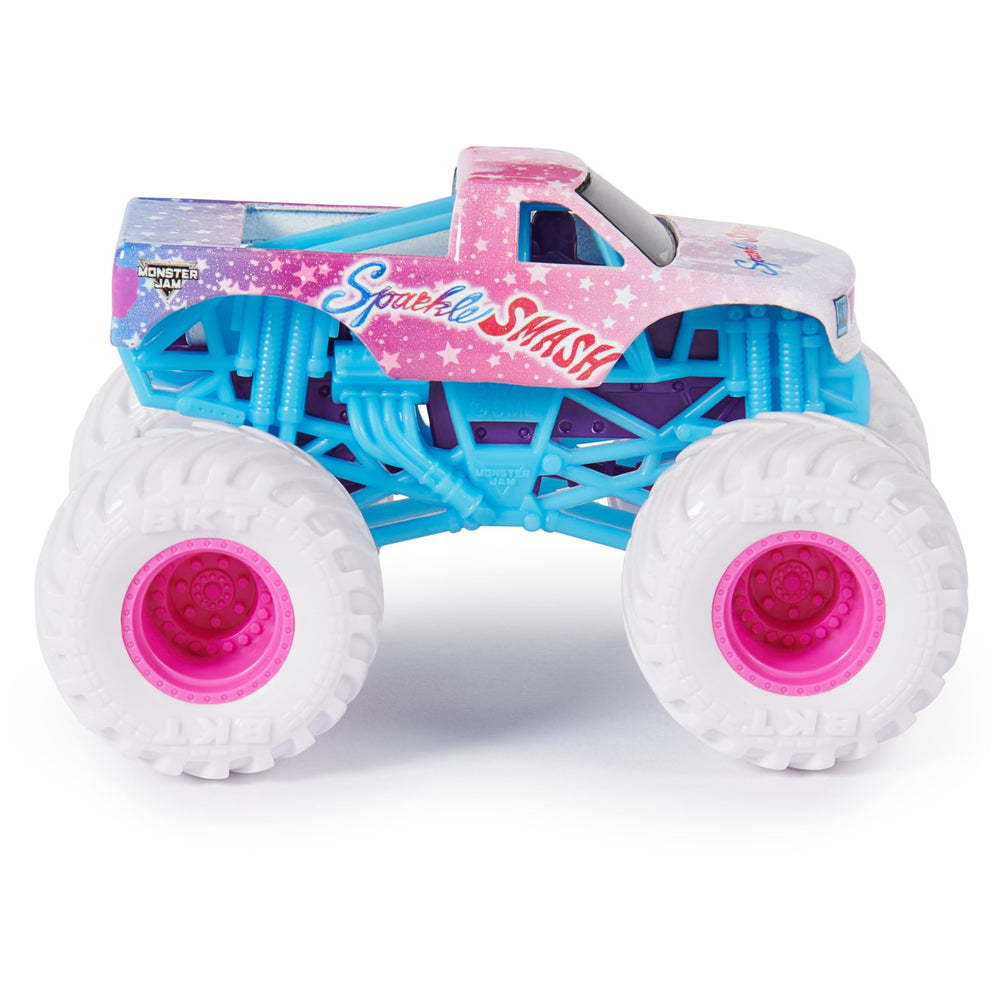 Monster Jam Sparkle Smash 2-pack display helps kids recreate show moments.