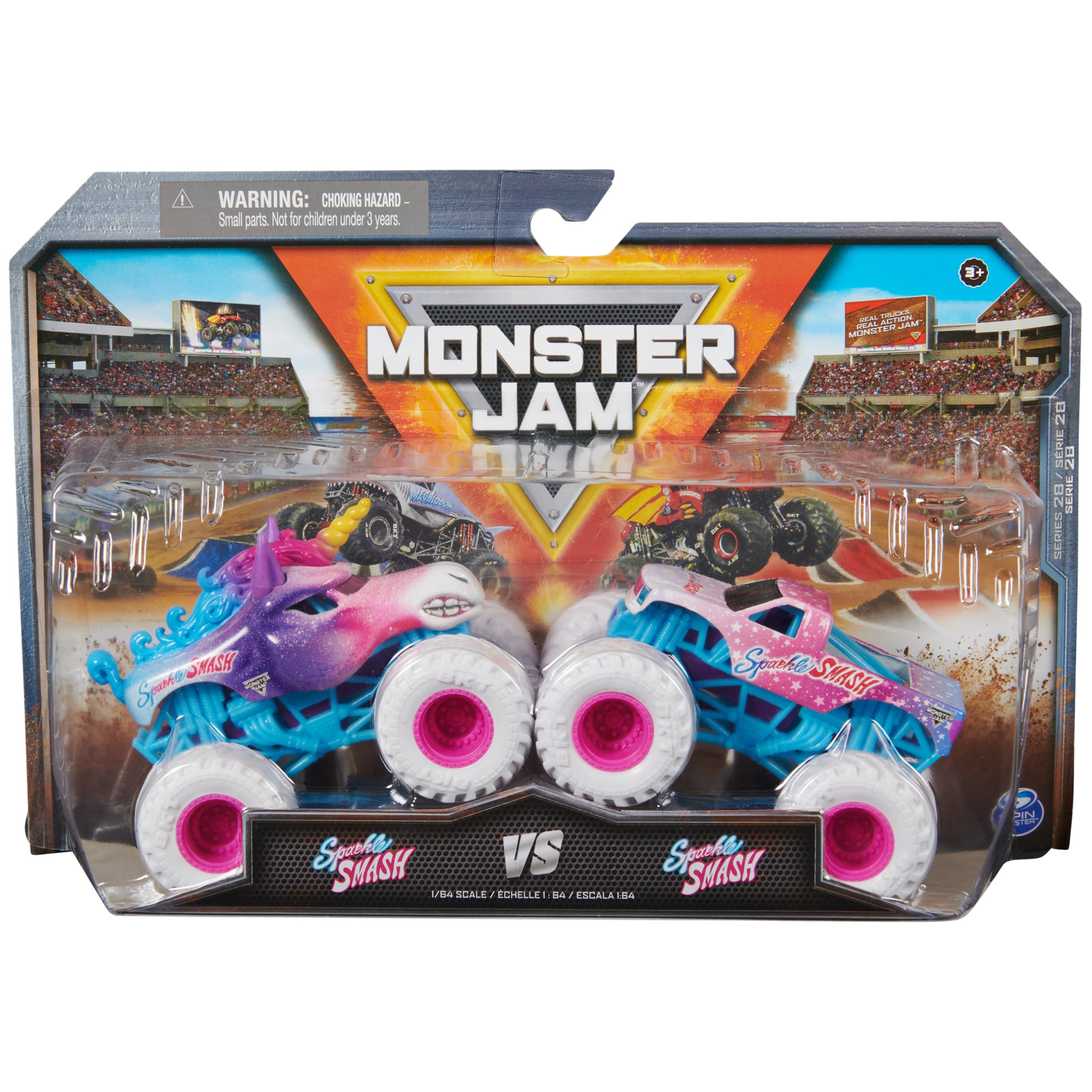 Monster Jam Sparkle Smash Grave Digger vs Avenger 1:64 die-cast trucks for action-ready play.