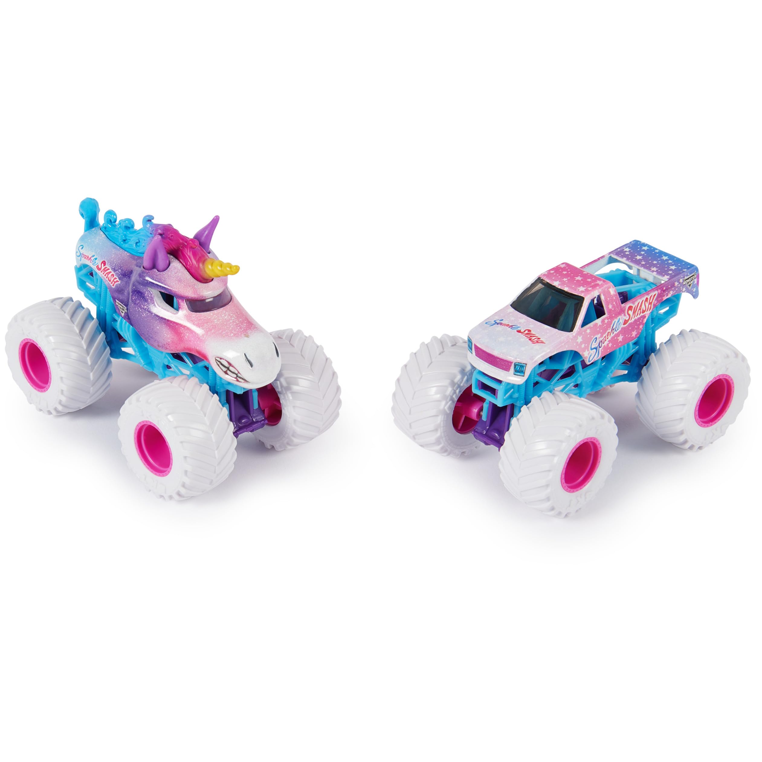 Monster Jam Sparkle Smash Max-D vs Son-uva Digger 1:64 die-cast trucks for head-to-head battles.