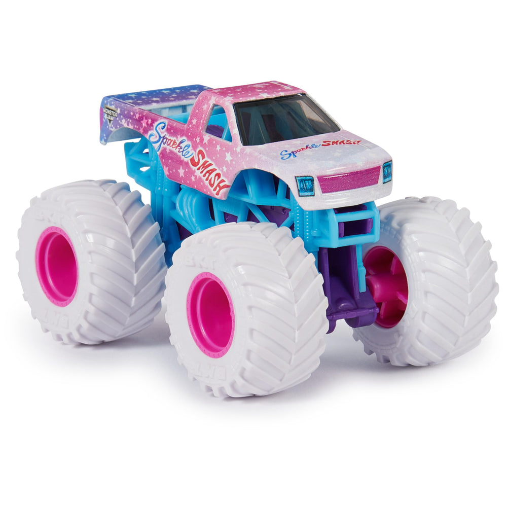 Monster Jam Sparkle Smash official BKT tires highlight authentic truck details.