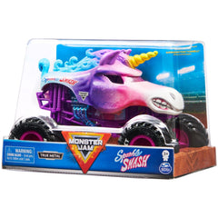 Monster Jam Sparkle Smash close-up shows authentic BKT tires and texture.
