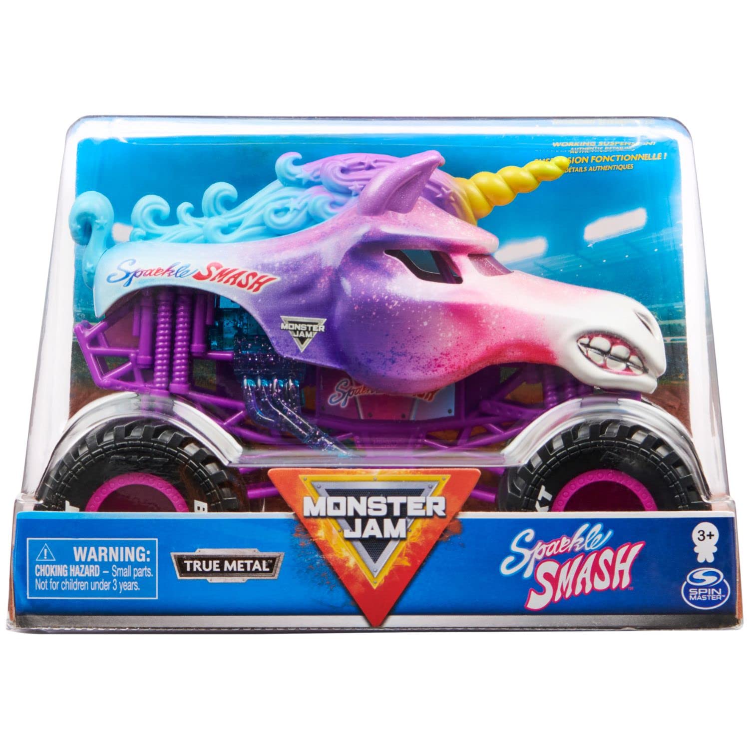 Monster Jam Sparkle Smash 1:24 front view shows authentic graphics and scale realism.
