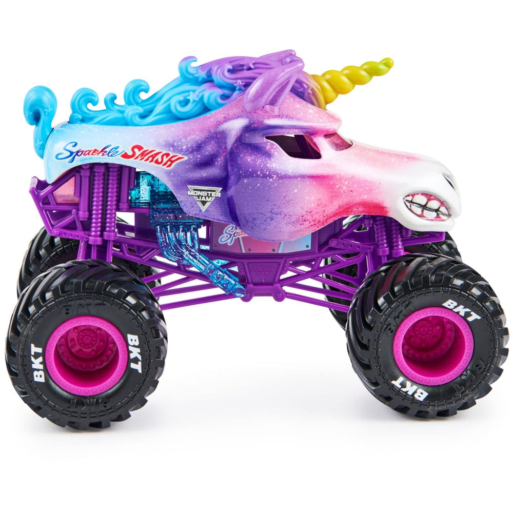 Monster Jam Sparkle Smash with working suspension demonstrates impact-absorbing action.