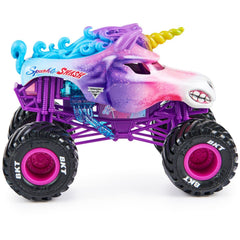 Monster Jam Sparkle Smash with working suspension demonstrates impact-absorbing action.
