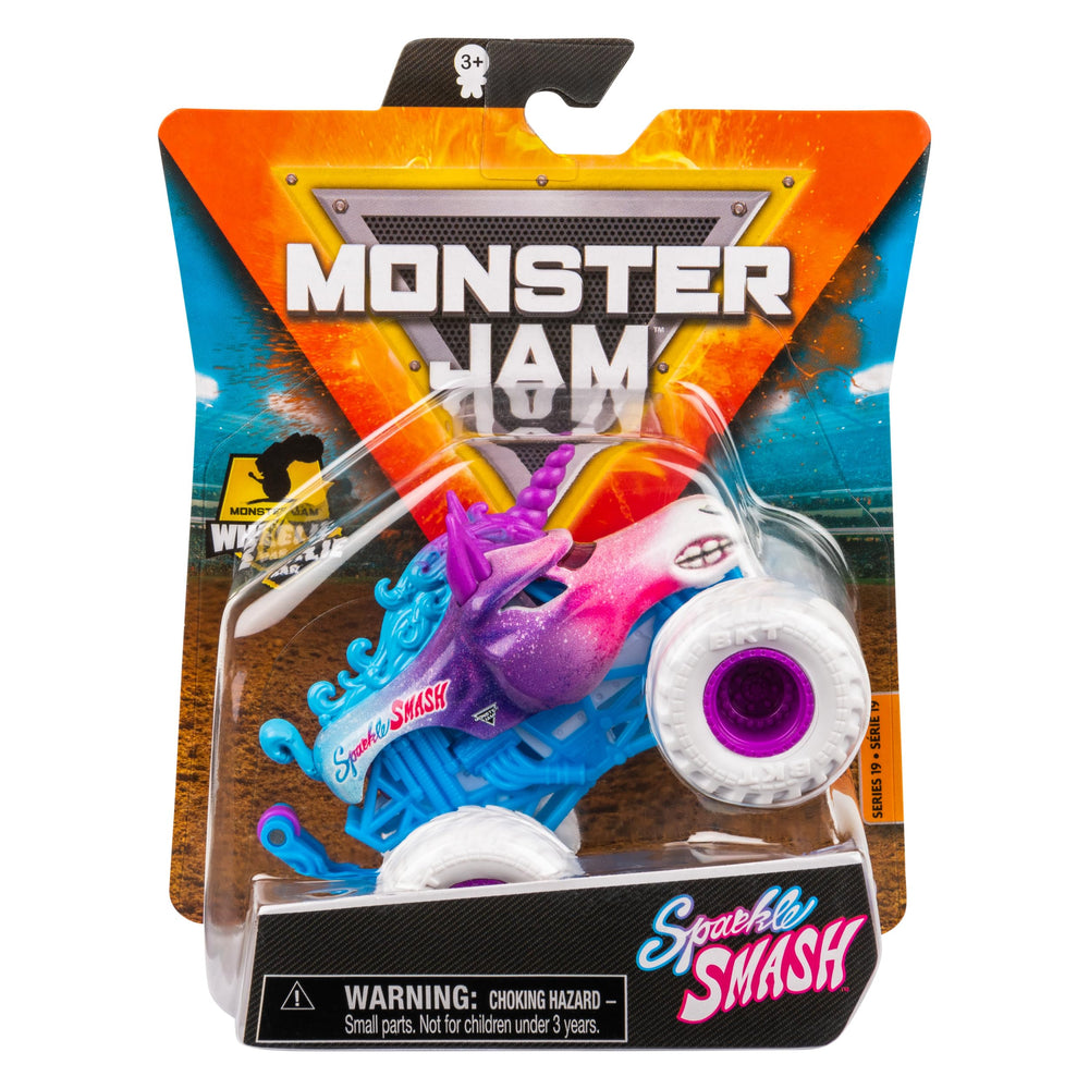 Monster Jam Sparkle Smash truck front view with bold graphics for display
