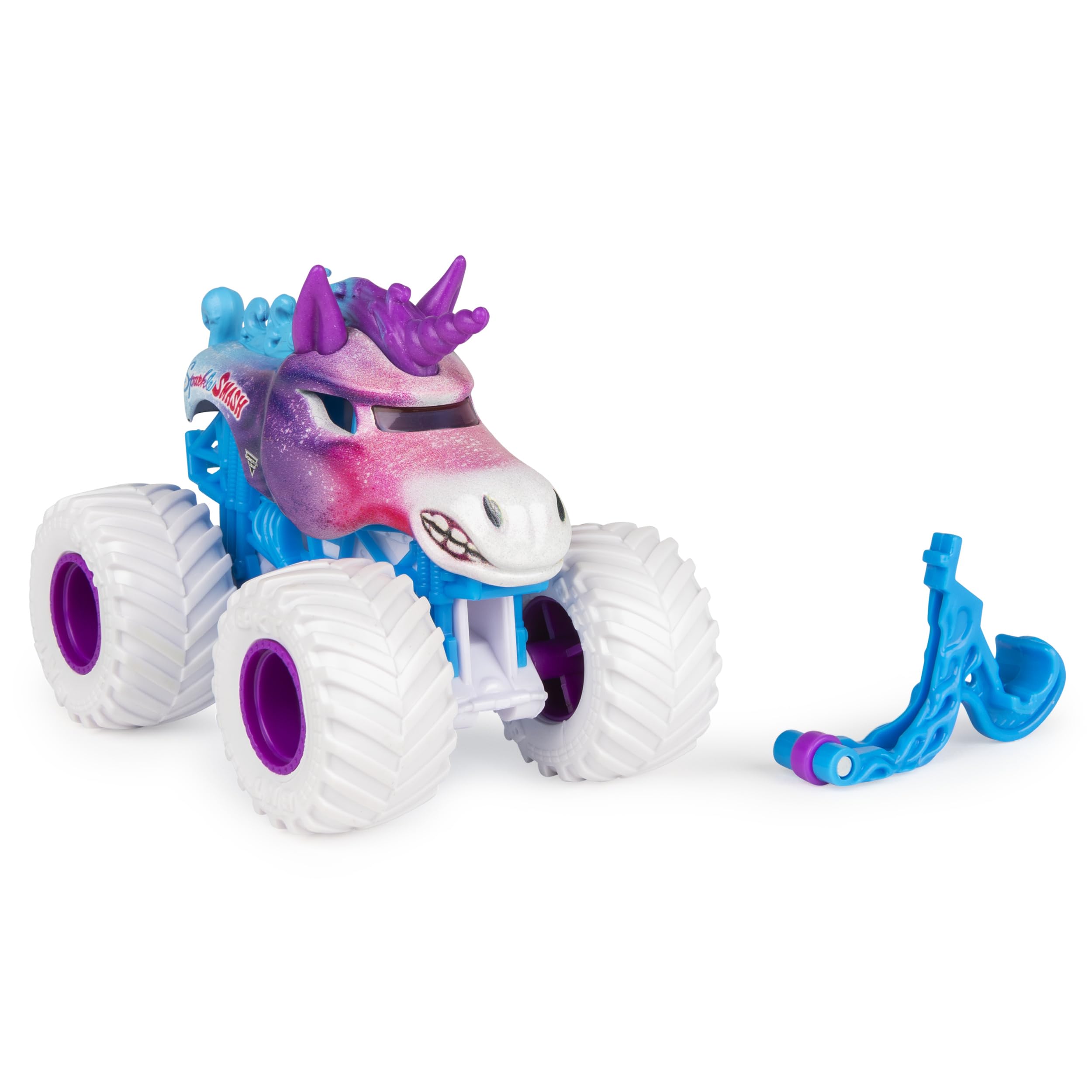 Monster Jam Sparkle Smash truck close-up of graphics and tires for authentic detail