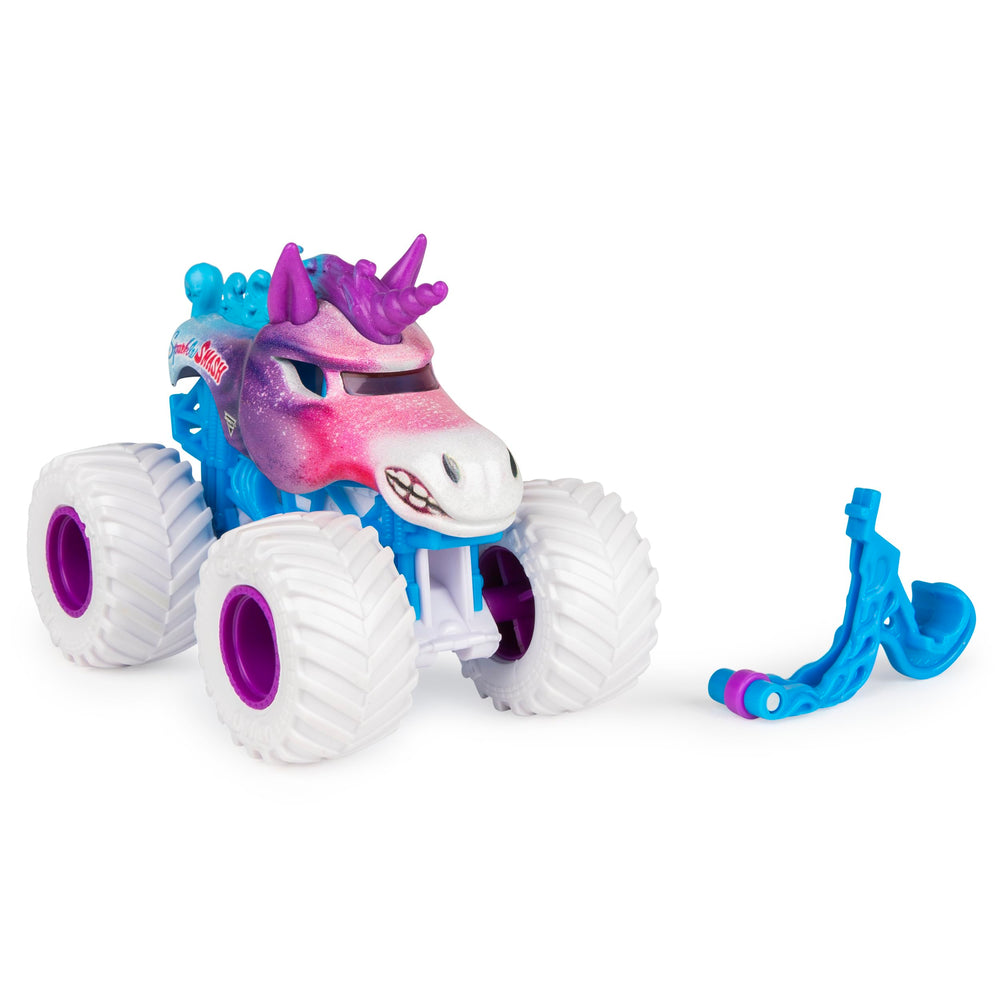 Monster Jam Sparkle Smash truck close-up of graphics and tires for authentic detail