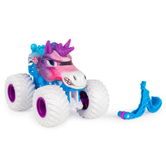 Monster Jam Sparkle Smash truck close-up of graphics and tires for authentic detail