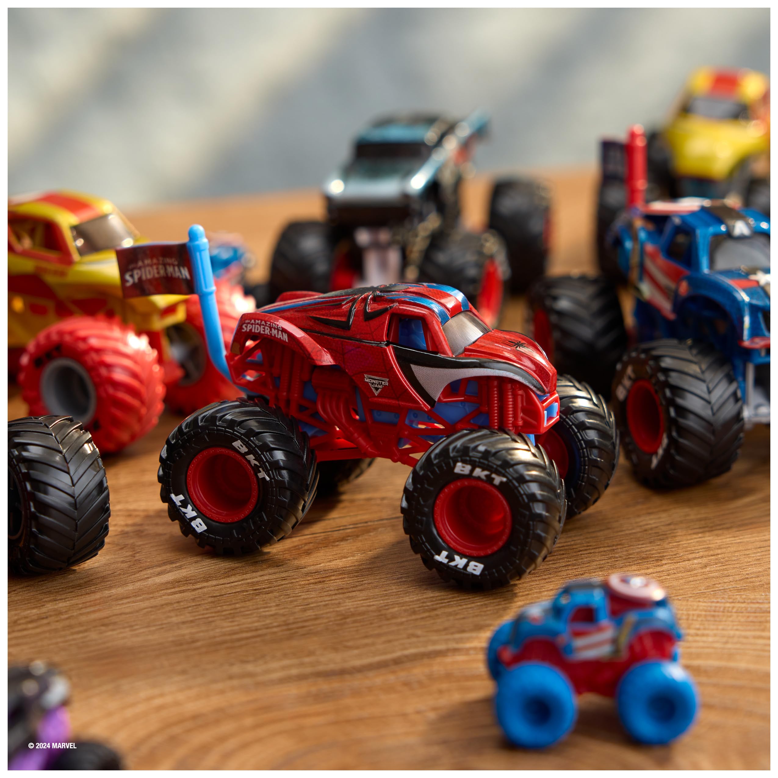 Monster Jam Spider-Man rear view highlighting authentic branding for display