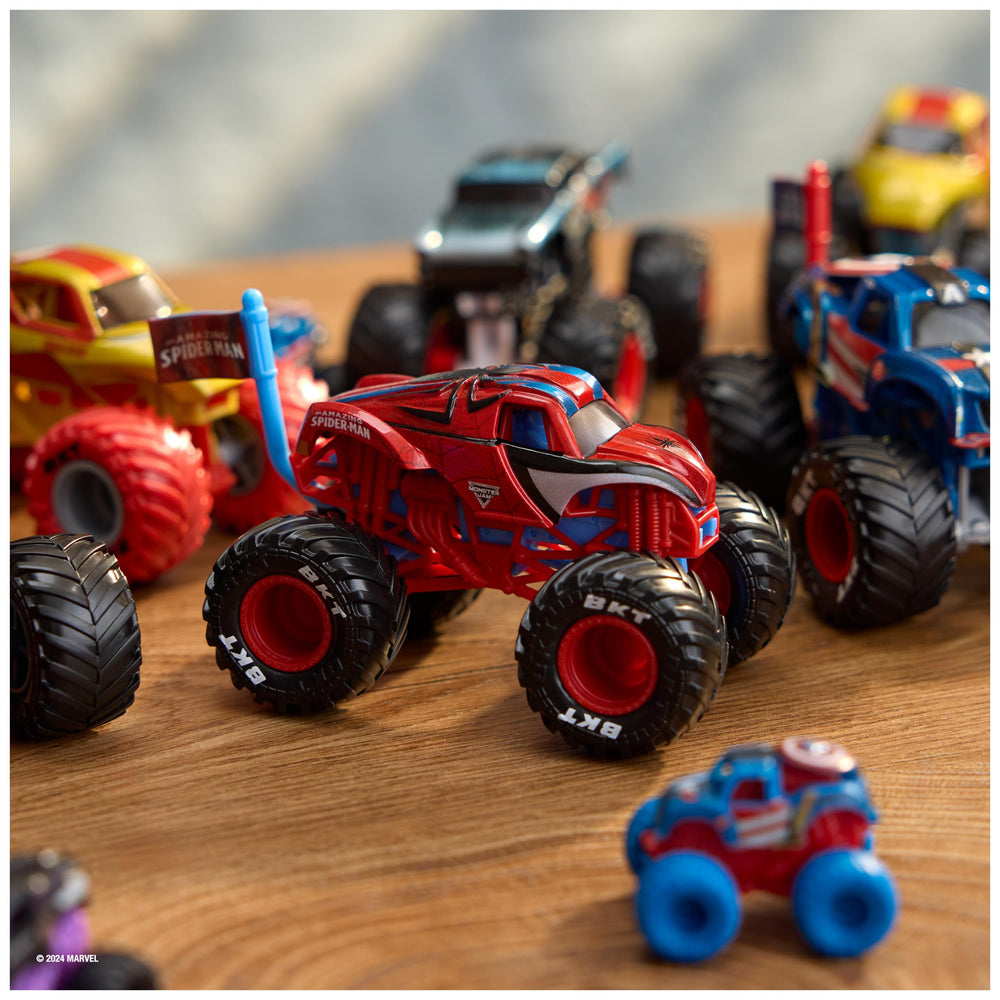 Monster Jam Spider-Man rear view highlighting authentic branding for display