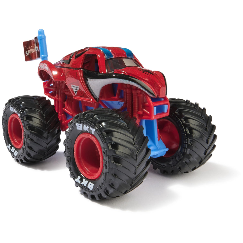 Monster Jam Spider-Man side view showing dynamic Marvel styling for kids