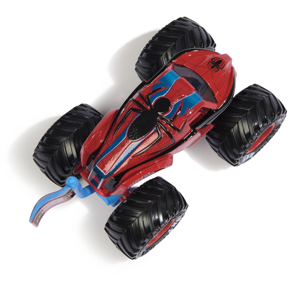 Monster Jam Spider-Man top view emphasizing authentic logos for collectors