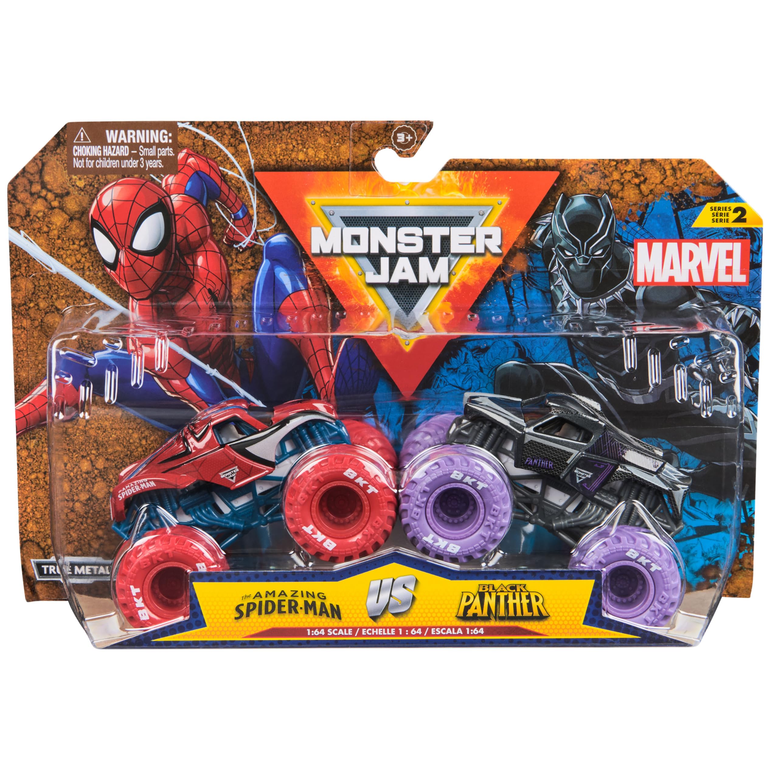 Monster Jam Spider-Man vs Venom 164-scale trucks ready for epic battles.