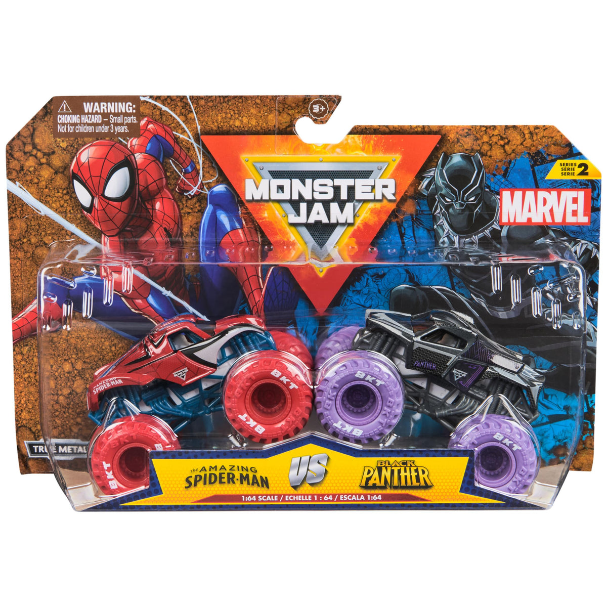 Monster Jam Spider-Man vs Venom 164-scale trucks ready for epic battles.