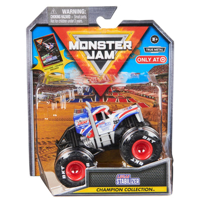 Monster Jam Lucas Stabilizer 1:64 truck with collectible card for display and collection.