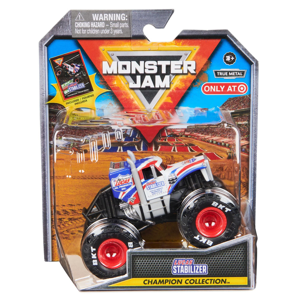 Monster Jam Lucas Stabilizer 1:64 truck with collectible card for display and collection.