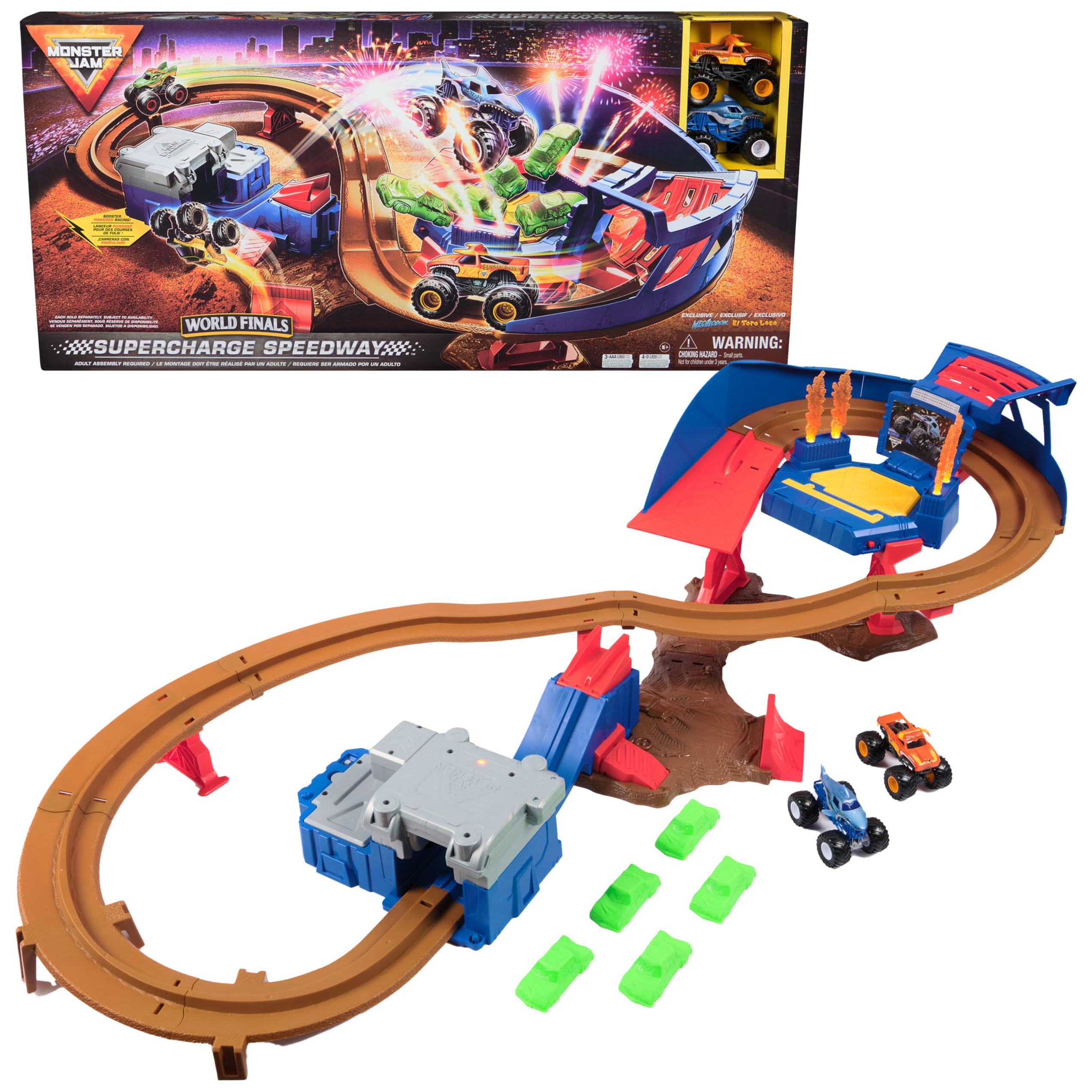 Monster Jam Supercharge Speedway playset with dynamic action for kids 3 and up