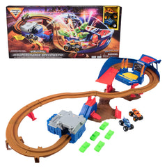 Monster Jam Supercharge Speedway playset with glowing track for endless mini races.