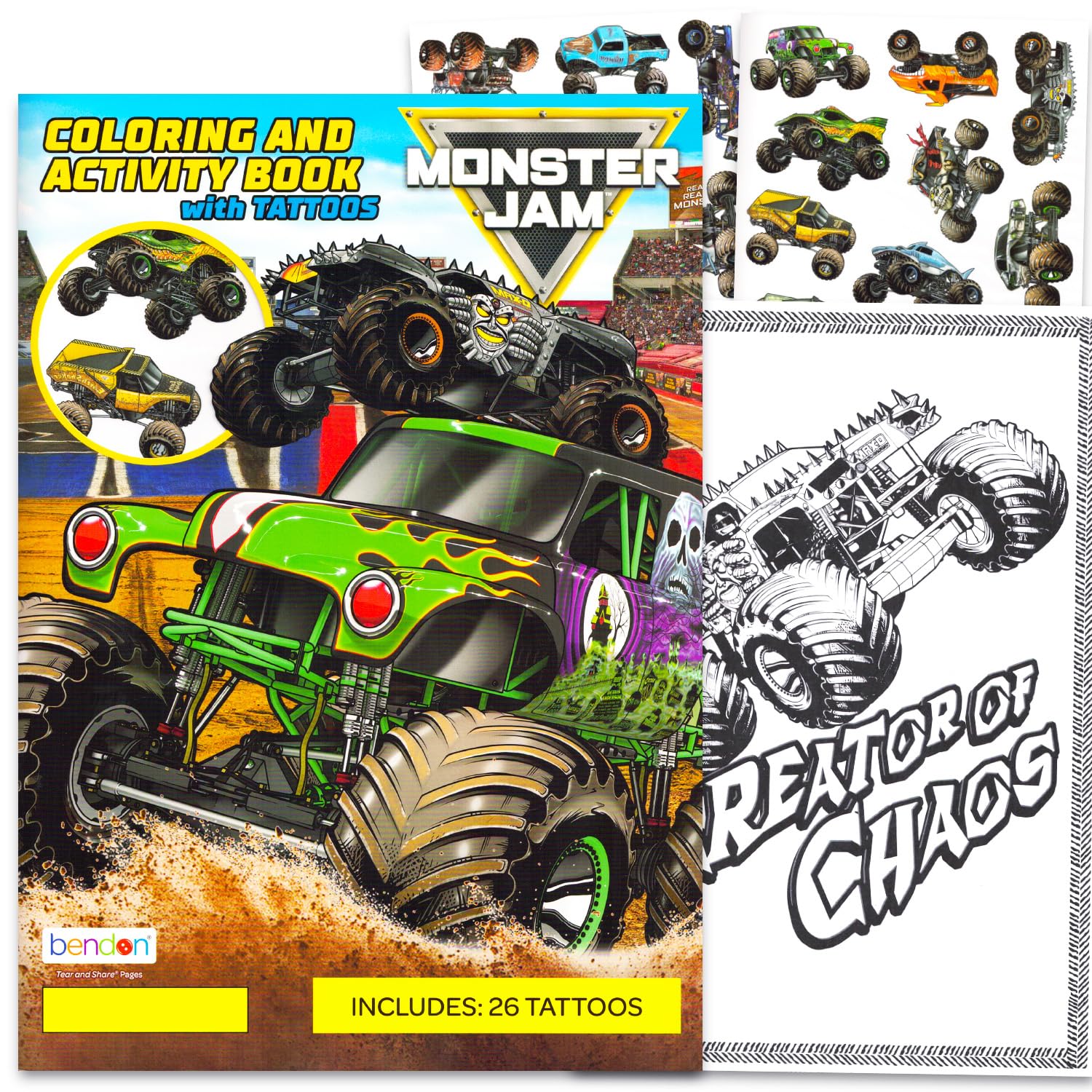 Monster Jam temporary tattoos set with 26 designs for kids' play and parties.