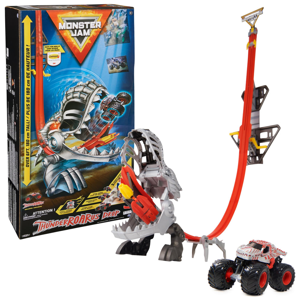 Monster Jam ThunderROARus drop playset mounted on wall for immersive action