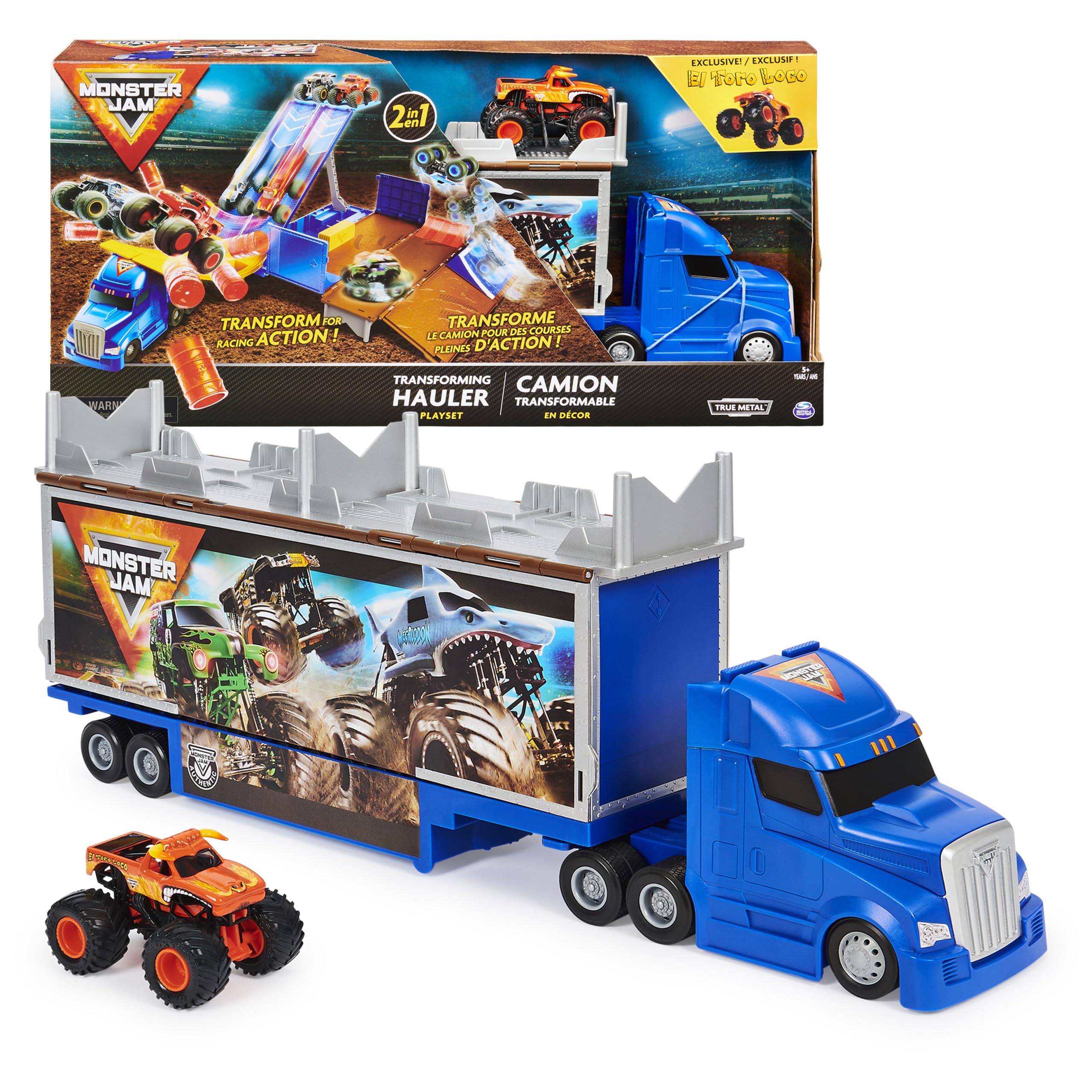Monster Jam Transforming Hauler Playset with donut spinner for dynamic stunts.