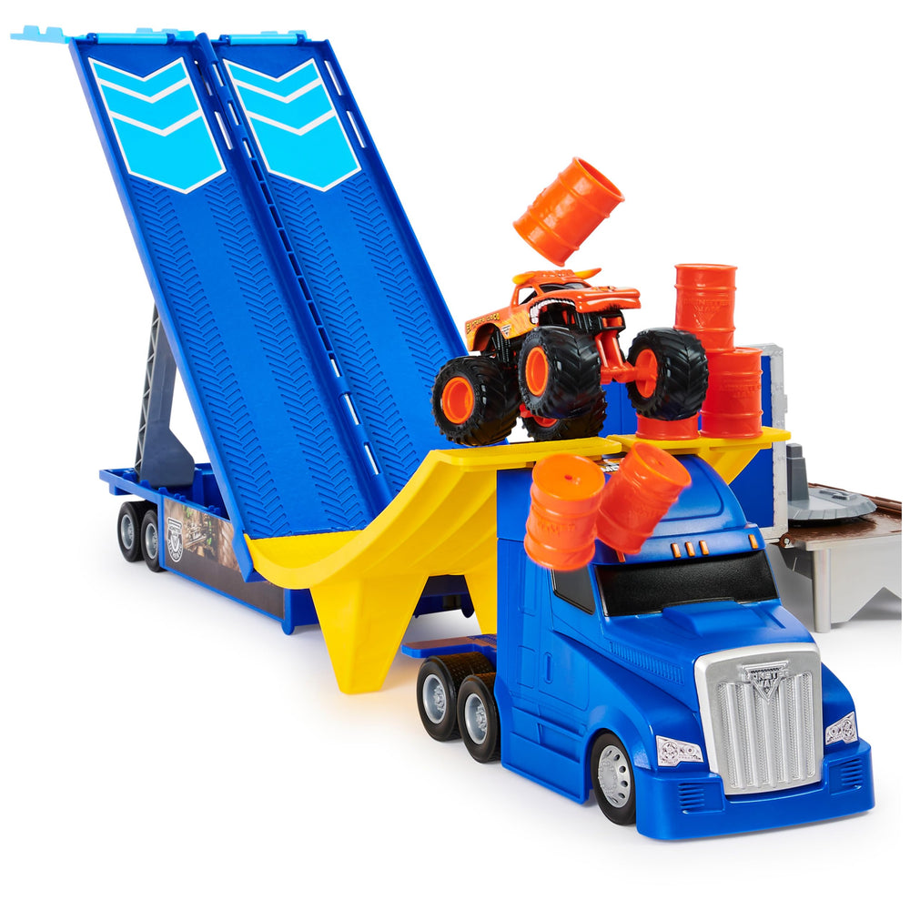 Barrels on the cab top create obstacle-style play.
