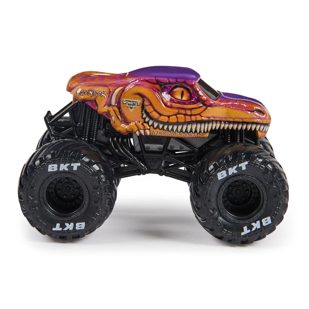Monster Jam Velociraptor diecast rear view highlights rugged styling and durability.