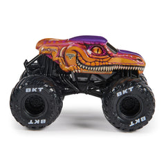 Monster Jam Velociraptor diecast rear view highlights rugged styling and durability.