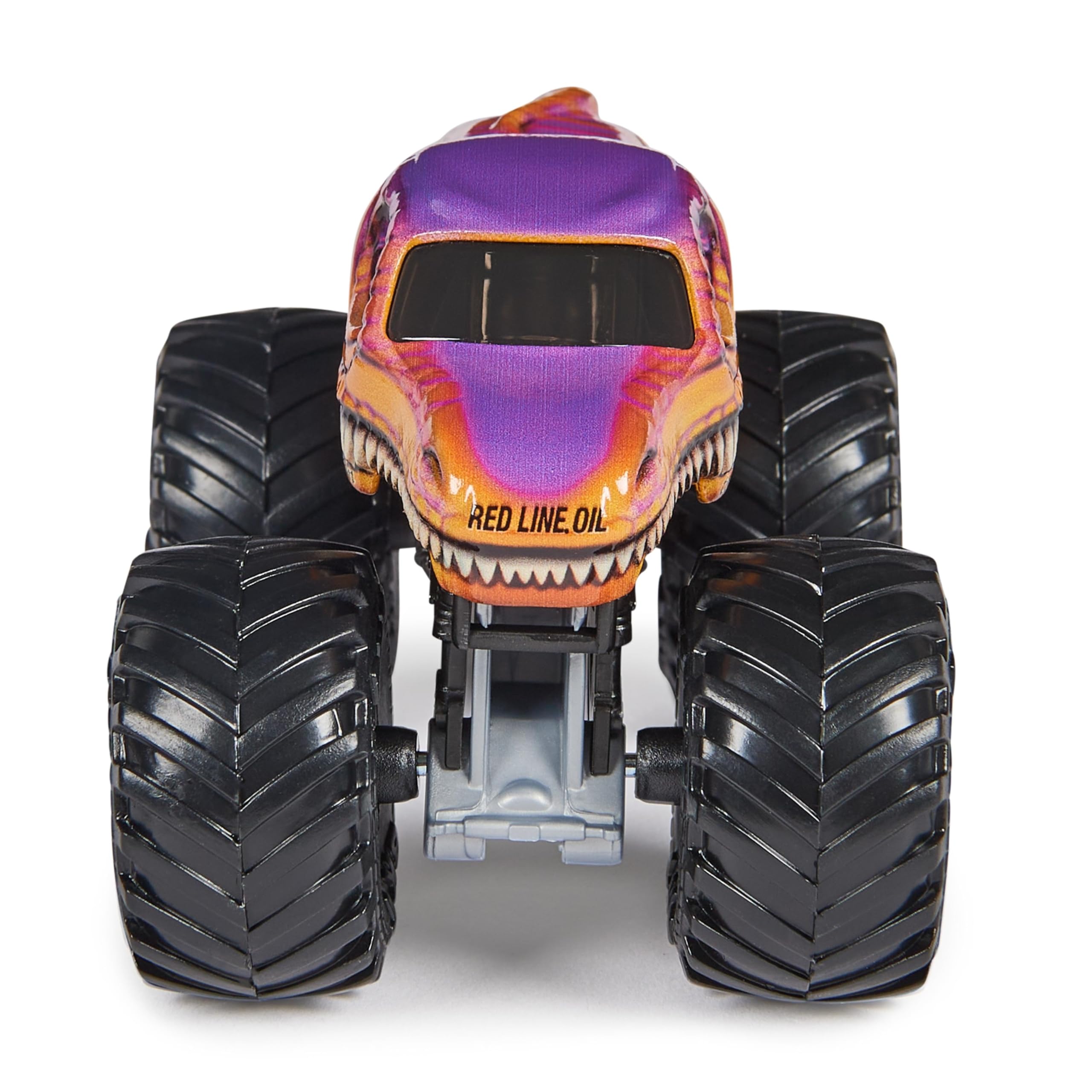 Monster Jam Velociraptor official BKT tires detail for authentic look.