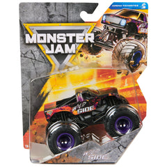 Monster Jam Wild Side 1:64 die-cast truck front view with bold graphics for display and play.
