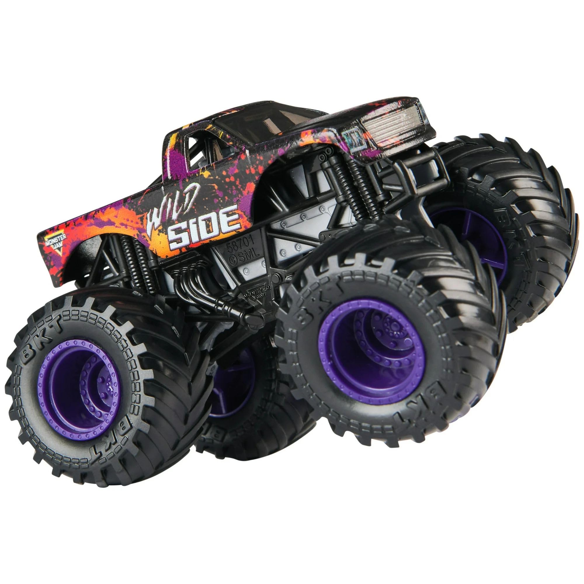 Monster Jam Wild Side 1:64 die-cast chassis and graphics delivering realistic racing vibes.