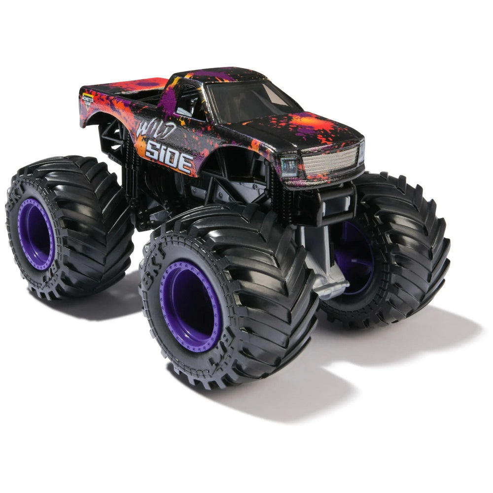 Monster Jam Wild Side 1:64 die-cast tire detail highlighting authentic BKT tires for realism.