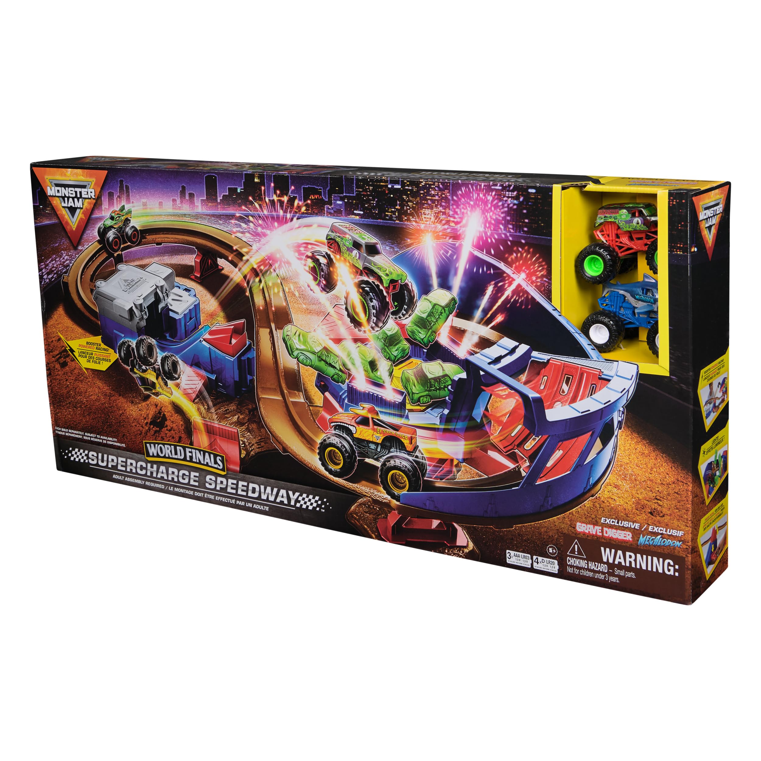 Winning podium glows, creating a satisfying finish to Monster Jam races.
