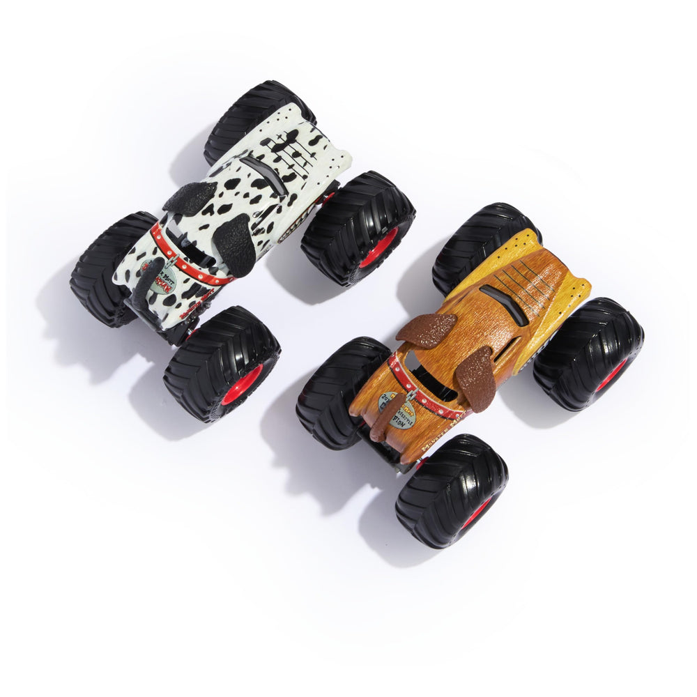 Monster Jam Zombie vs Whiplash 1:64 scale die-cast trucks for action-packed play.
