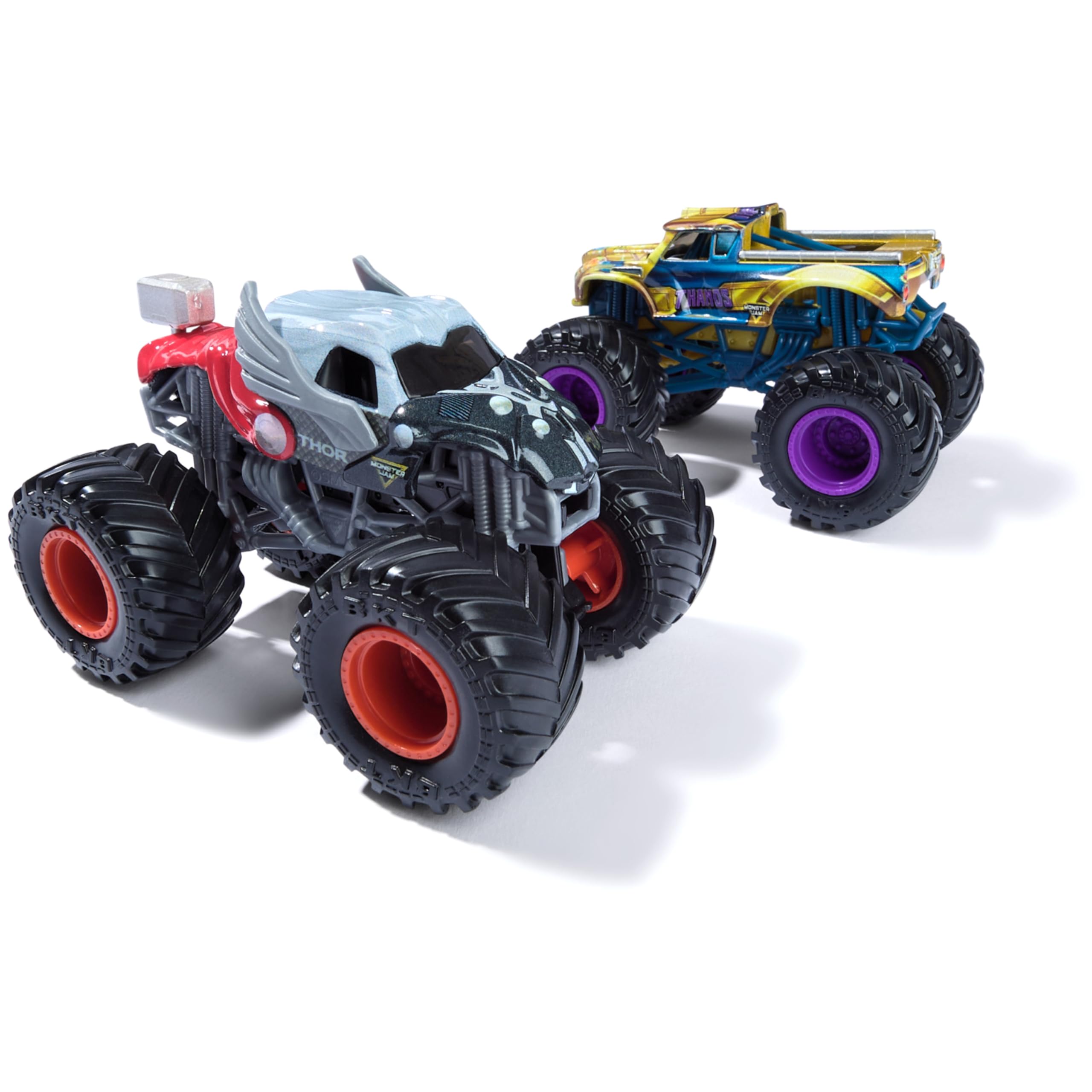 Close-up front view of a Marvel Monster Jam die-cast truck
