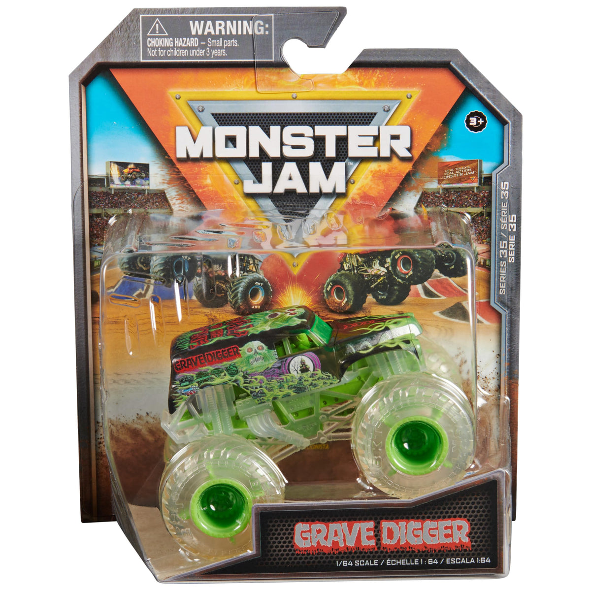 Monster Jam Grave Digger 1:64 front view showcases bold graphics for display.